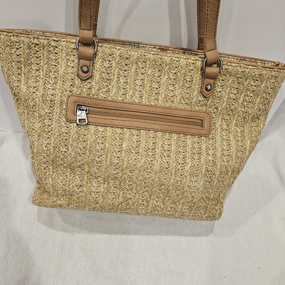 Sakroots Floral Yellow Straw Tote Bag with Leather Handles - Picture 5 of 8